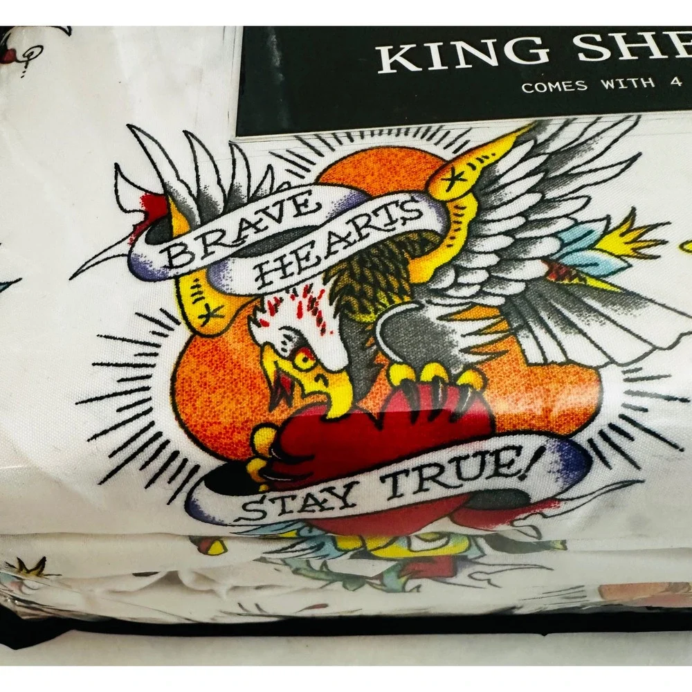 Ed Hardy King Sheet Set 6 Pc Tattoo Eagle Heart Rose New Y2K‎ Revival Home Decor